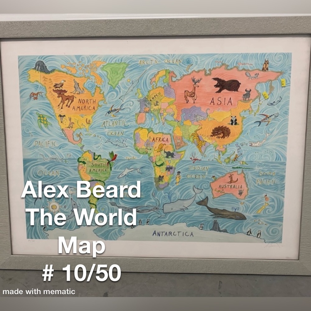 Alex Beard “The World Map” S/N Giclee Print Conservation Framed #10/50 Nursery
